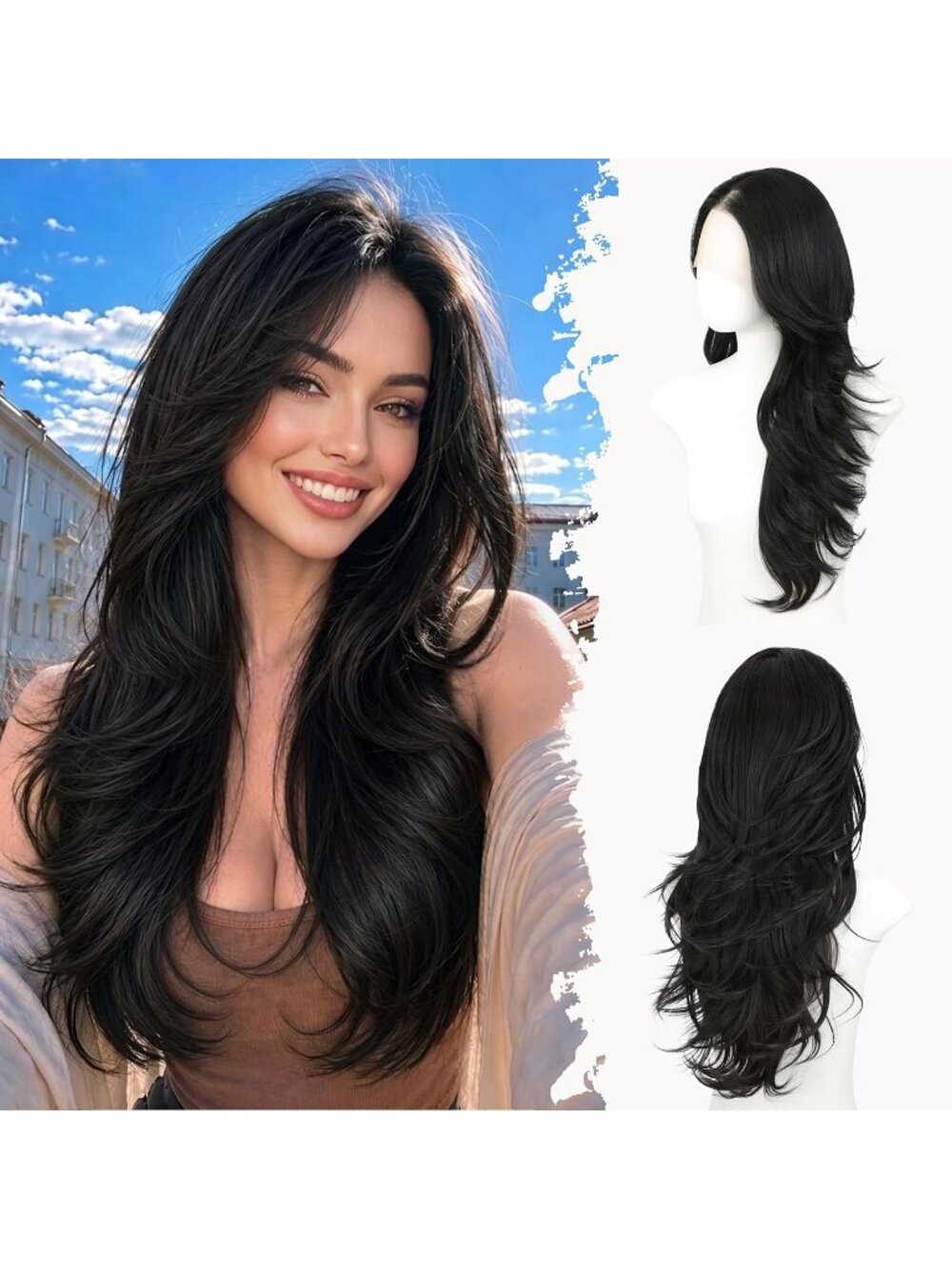 26Inch Women's Natural Black Fashion Synthetic Butterfly Cut Long Wavy Wigs